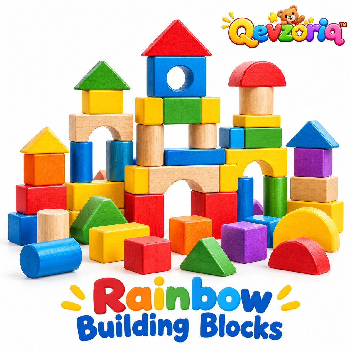 Qevzoriq™ Rainbow Wooden Building Blocks Set