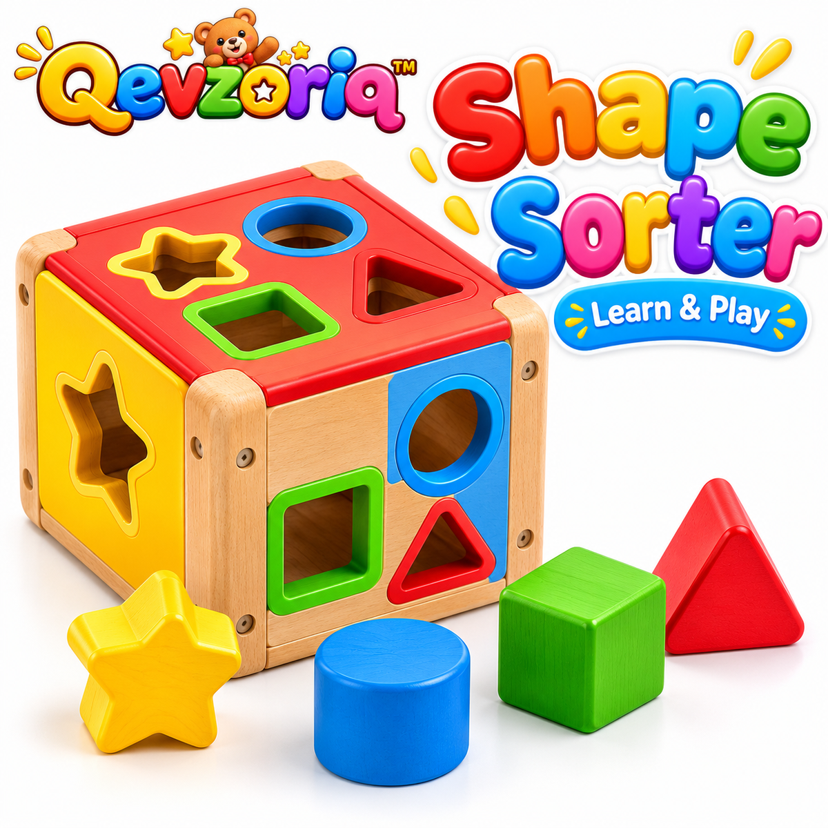 Qevzoriq™ Wooden Shape Sorter Learning Cube