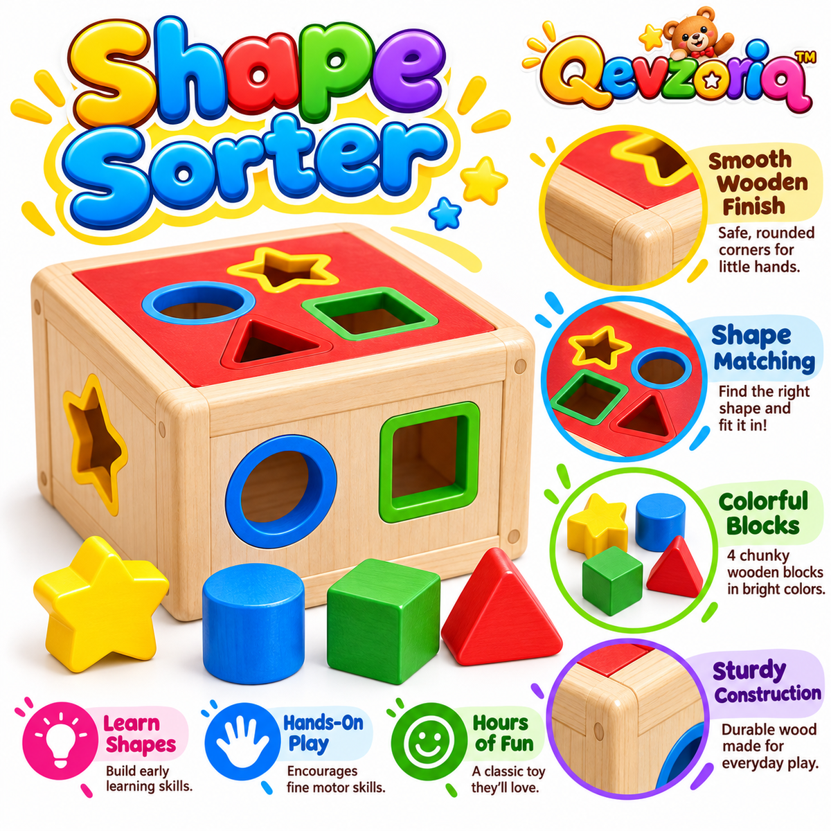 Qevzoriq™ Wooden Shape Sorter Learning Cube
