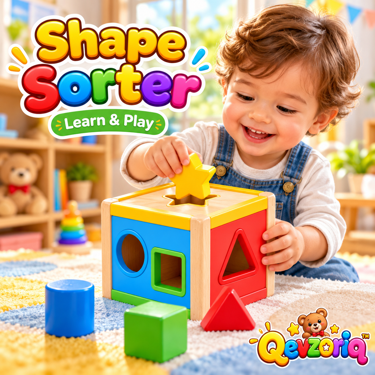 Qevzoriq™ Wooden Shape Sorter Learning Cube