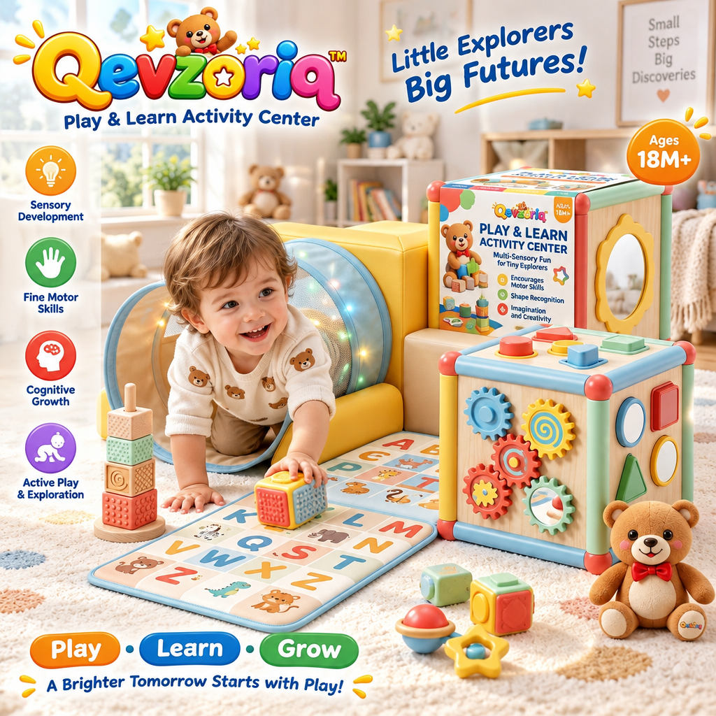 Qevzoriq™ All-in-One Play & Learn Activity Center – Multi-Sensory Toddler Play Gym with Light-Up Crawl Tunnel, 6-in-1 Wooden Activity Cube, Soft Alphabet Floor Mat, Textured Stacking Blocks & Plush Teddy Bear (Ages 18M+)