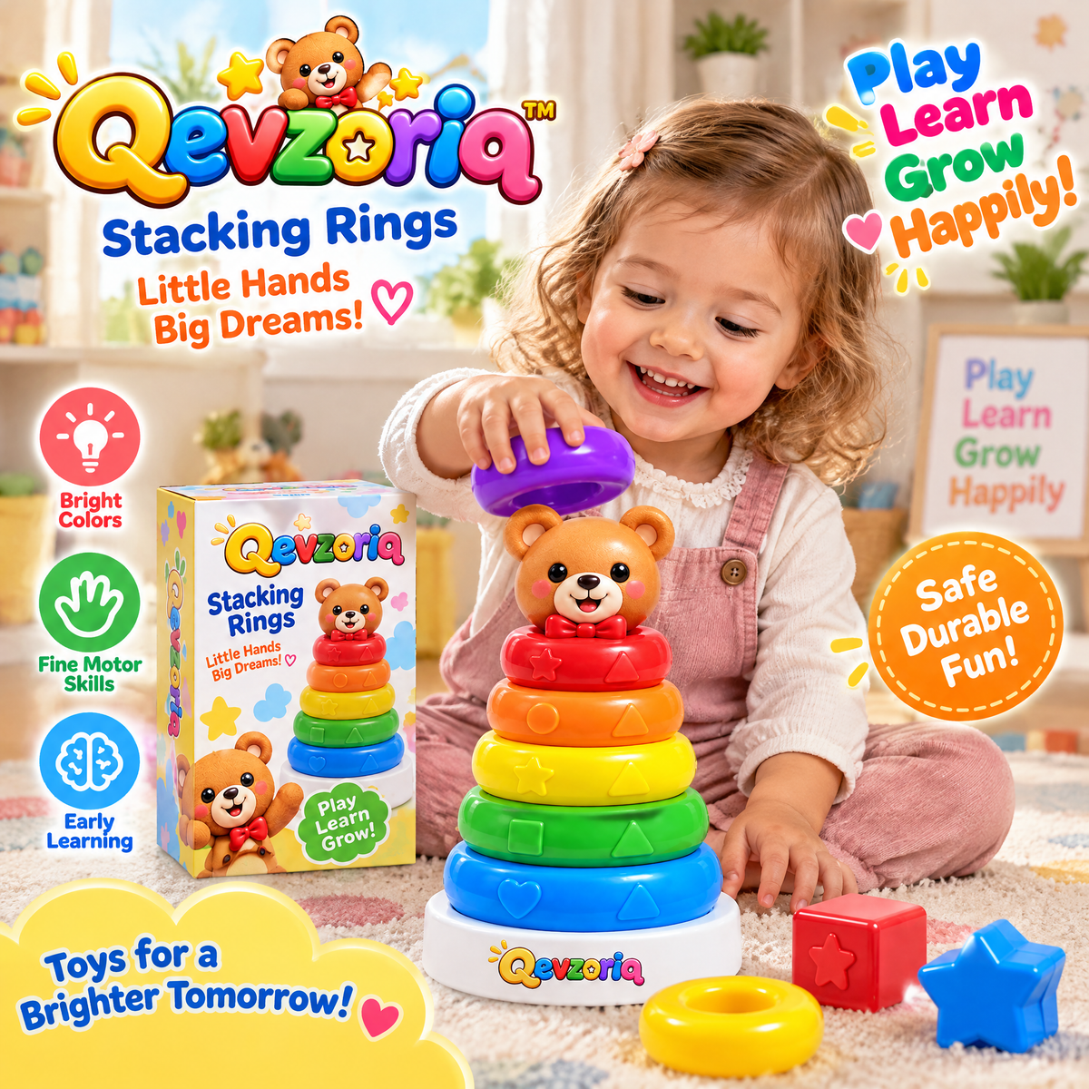 Qevzoriq™ Baby Stacking Rings Toy – Cute Bear Rainbow Stacker with Embossed Shapes & Sensory Blocks, Montessori Early Learning & Fine Motor Skills Developmental Toys for Babies & Toddlers 6-18 Months