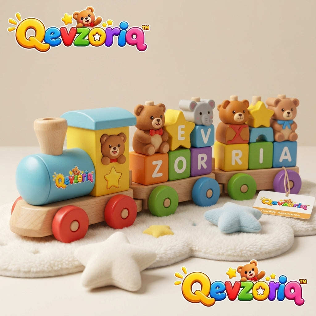 Qevzoriq™ Wooden Stacking Alphabet Train Toy – Montessori Bear & Animal Peg Sorting Rolling Train, Early Educational Building Blocks Playset, Fine Motor Skills & Sensory Gift for Toddlers Ages 1-4