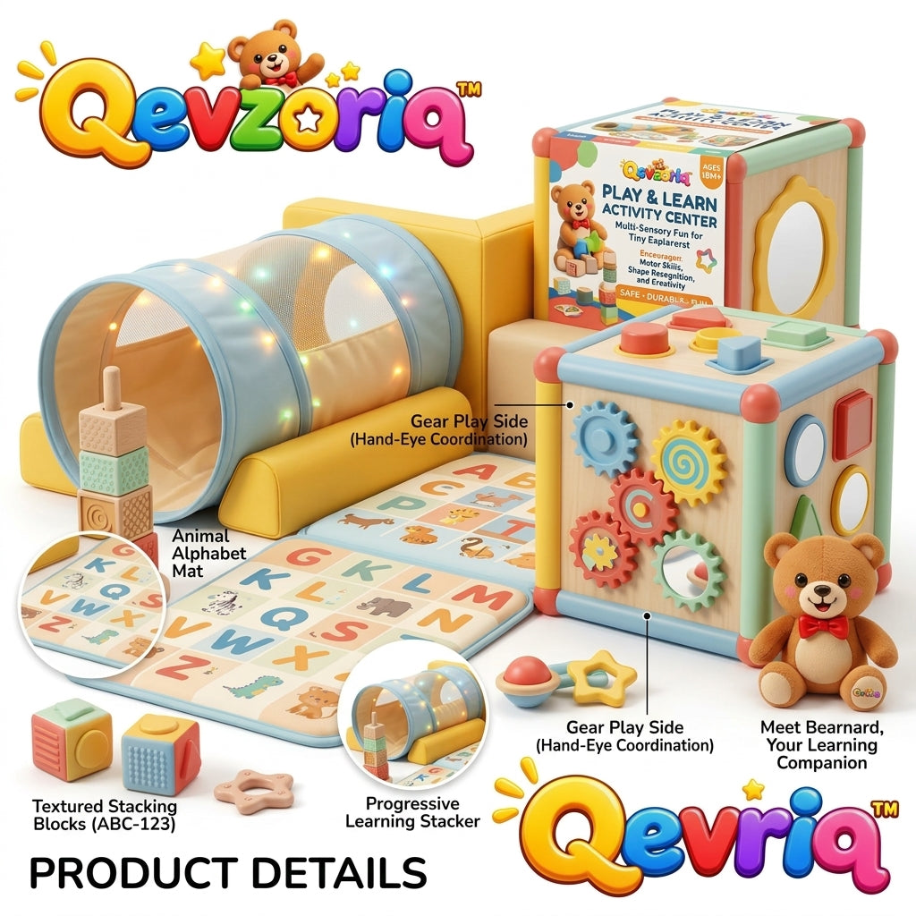 Qevzoriq™ All-in-One Play & Learn Activity Center – Multi-Sensory Toddler Play Gym with Light-Up Crawl Tunnel, 6-in-1 Wooden Activity Cube, Soft Alphabet Floor Mat, Textured Stacking Blocks & Plush Teddy Bear (Ages 18M+)