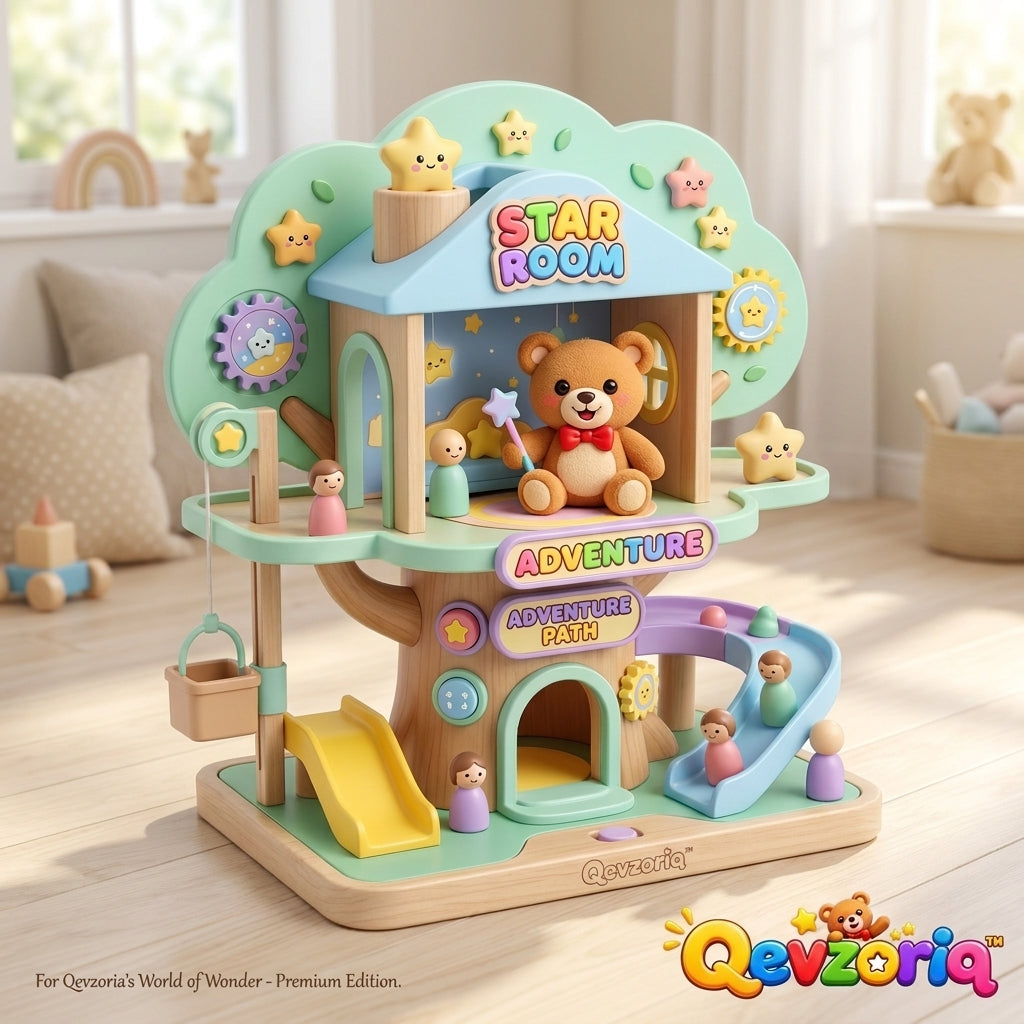 Qevzoriq™ Wooden Multi-Level Treehouse Activity Playset – Interactive "Star Room" & "Adventure Path" Playset with Magic Bear, Double Slides, Working Pulley Crane & Spinning Gears – Montessori Fine Motor & Pretend Play Toy for Toddlers and Kids