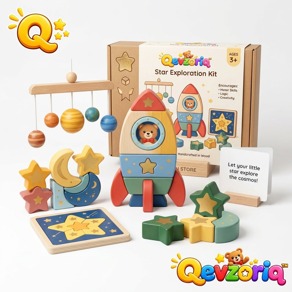 Qevzoriq™ Star Exploration Kit – Wooden Space Rocket Stacking Toy & Solar System Playset for Toddlers Ages 3+, Montessori Wooden Balancing Stars, Moon & Planet Mobile, Early STEM Educational Gift for Boys and Girls