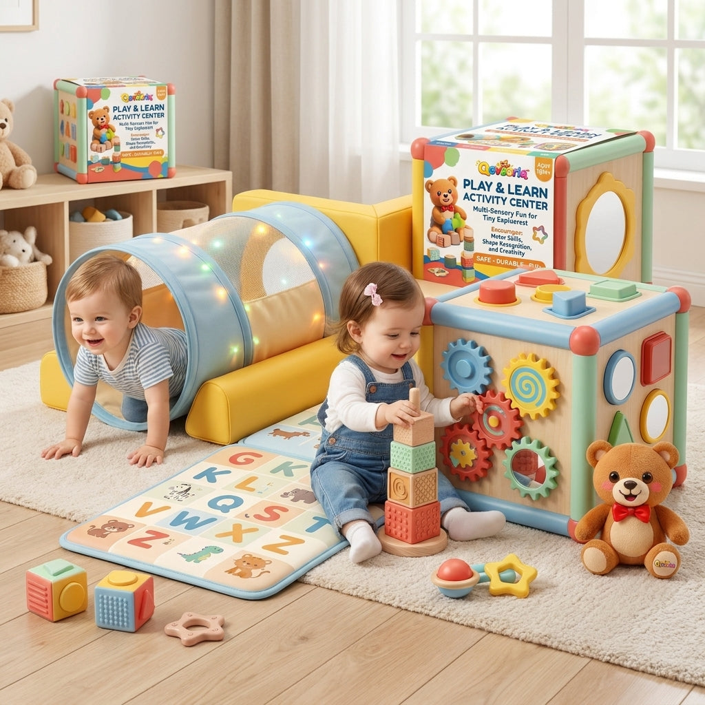 Qevzoriq™ All-in-One Play & Learn Activity Center – Multi-Sensory Toddler Play Gym with Light-Up Crawl Tunnel, 6-in-1 Wooden Activity Cube, Soft Alphabet Floor Mat, Textured Stacking Blocks & Plush Teddy Bear (Ages 18M+)
