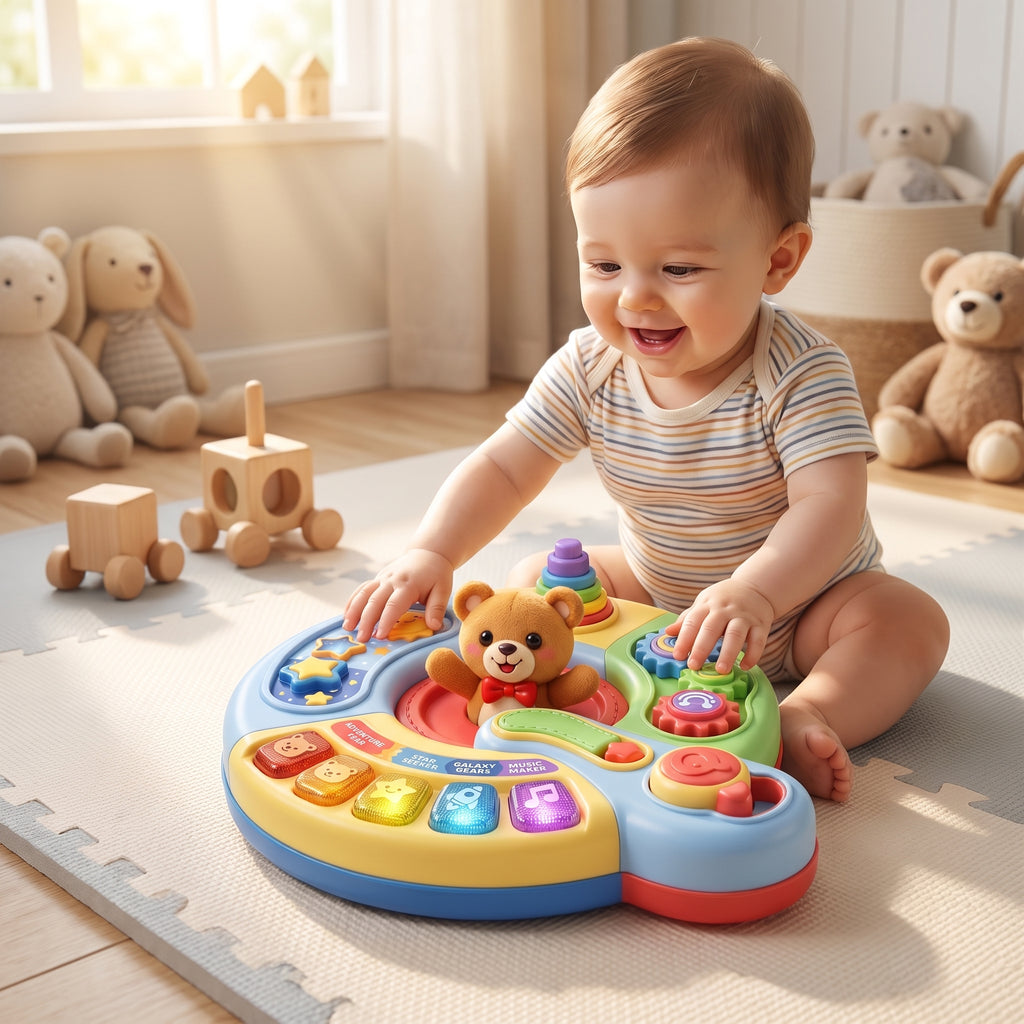 Qevzoriq™ Baby Musical Activity Center Toy, Interactive Space Adventure Busy Board with Lights & Sounds, Stacking Rings, Rotating Gears & Gear Shift Lever, Fine Motor Sensory Learning Toy for Infants and Toddlers 6-12-18 Months, 1-3 Years
