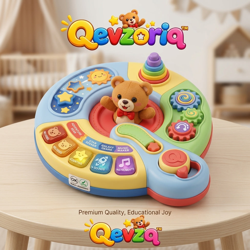 Qevzoriq™ Baby Musical Activity Center Toy, Interactive Space Adventure Busy Board with Lights & Sounds, Stacking Rings, Rotating Gears & Gear Shift Lever, Fine Motor Sensory Learning Toy for Infants and Toddlers 6-12-18 Months, 1-3 Years