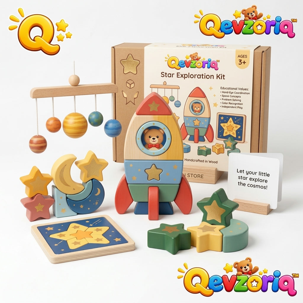 Qevzoriq™ Star Exploration Kit – Wooden Space Rocket Stacking Toy & Solar System Playset for Toddlers Ages 3+, Montessori Wooden Balancing Stars, Moon & Planet Mobile, Early STEM Educational Gift for Boys and Girls