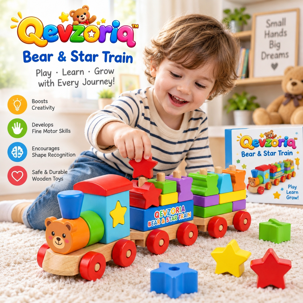 Qevzoriq™ Wooden Stacking Bear & Star Train Toy, 3-Car Montessori Shape Sorter & Geometric Building Block Set, Fine Motor Skills Educational Vehicle Toy for Toddlers Boys & Girls Aged 1-3