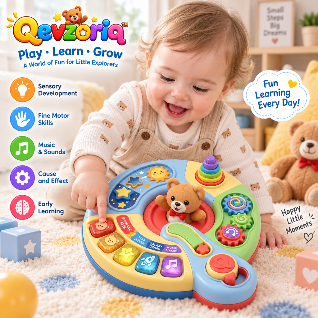 Qevzoriq™ Baby Musical Activity Center Toy, Interactive Space Adventure Busy Board with Lights & Sounds, Stacking Rings, Rotating Gears & Gear Shift Lever, Fine Motor Sensory Learning Toy for Infants and Toddlers 6-12-18 Months, 1-3 Years