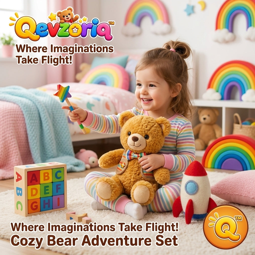 Qevzoriq™ Cozy Bear Adventure Set – 5-Piece Plush Teddy Bear Play Set with Rainbow Star Wand, Nesting Rainbow Stacker, Wooden ABC Alphabet Blocks & Plush Rocket – Educational & Imaginative Pretend Play Gift for Toddlers & Kids Ages 3+