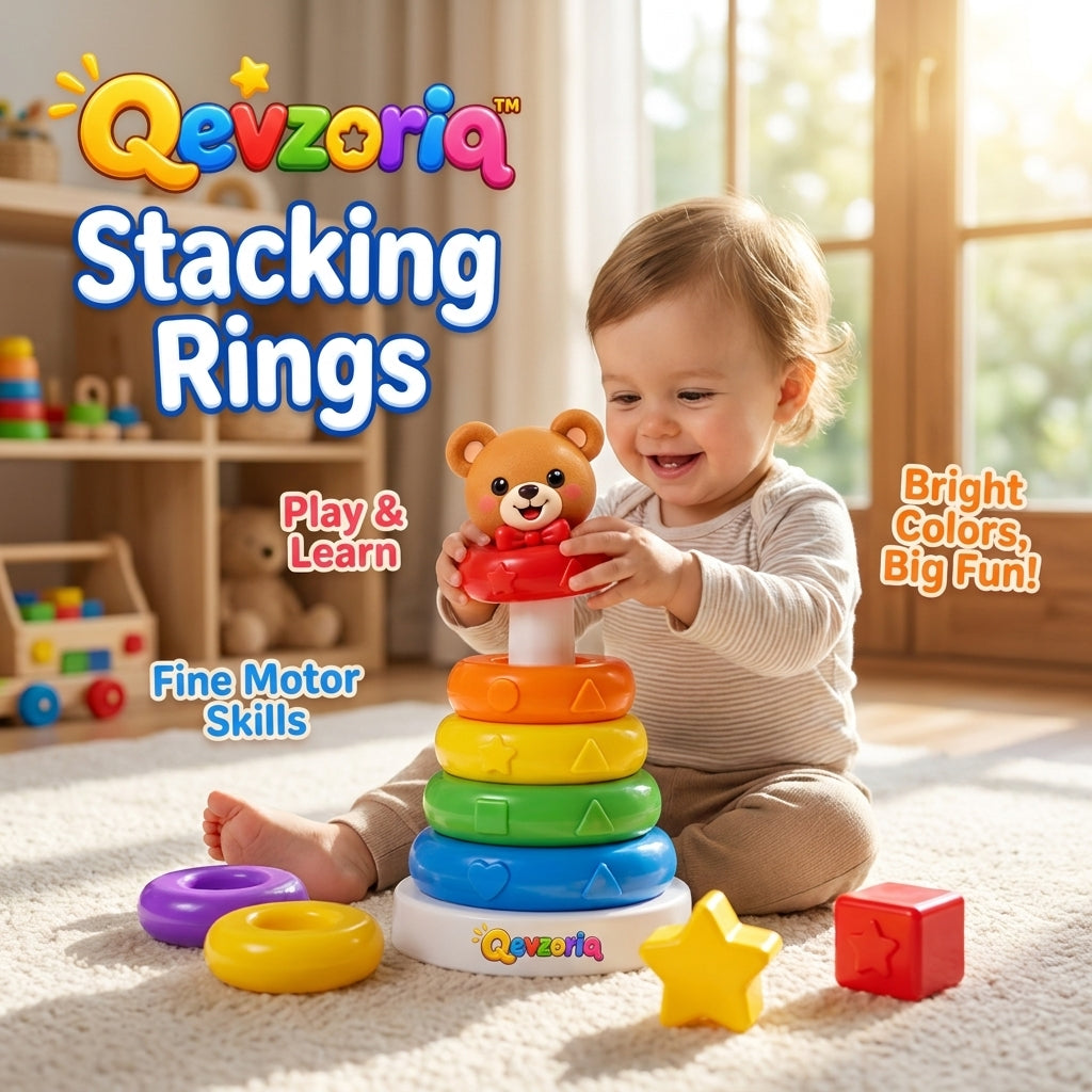 Qevzoriq™ Baby Stacking Rings Toy – Cute Bear Rainbow Stacker with Embossed Shapes & Sensory Blocks, Montessori Early Learning & Fine Motor Skills Developmental Toys for Babies & Toddlers 6-18 Months