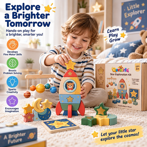 Qevzoriq™ Star Exploration Kit – Wooden Space Rocket Stacking Toy & Solar System Playset for Toddlers Ages 3+, Montessori Wooden Balancing Stars, Moon & Planet Mobile, Early STEM Educational Gift for Boys and Girls