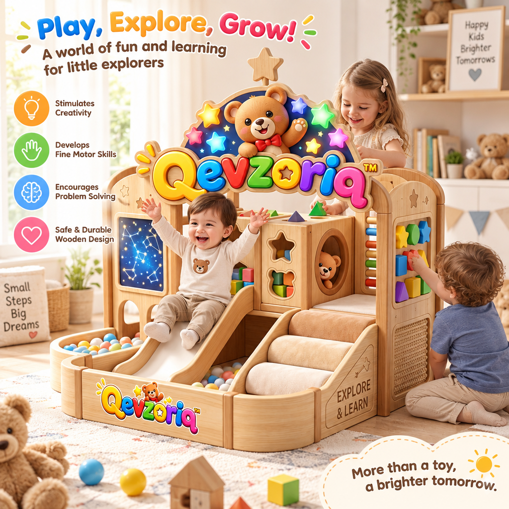 Qevzoriq™ All-in-One Wooden Toddler Indoor Playground – Multi-Sensory Activity Center with Smooth Slide, Padded Climbing Ramp, Interactive Shape Sorter, Constellation Light Panel & Integrated Ball Pit for Toddlers Ages 1–4
