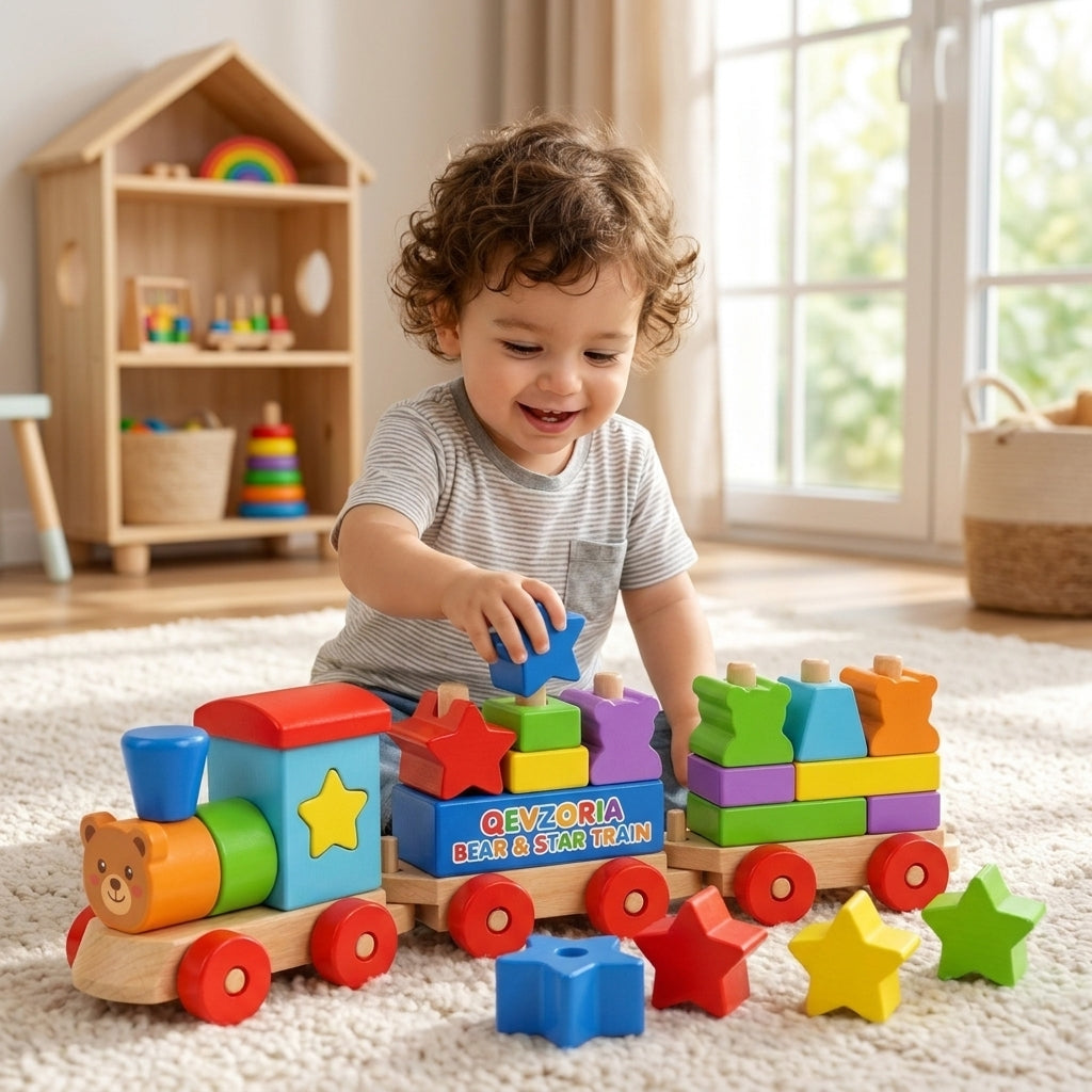 Qevzoriq™ Wooden Stacking Bear & Star Train Toy, 3-Car Montessori Shape Sorter & Geometric Building Block Set, Fine Motor Skills Educational Vehicle Toy for Toddlers Boys & Girls Aged 1-3
