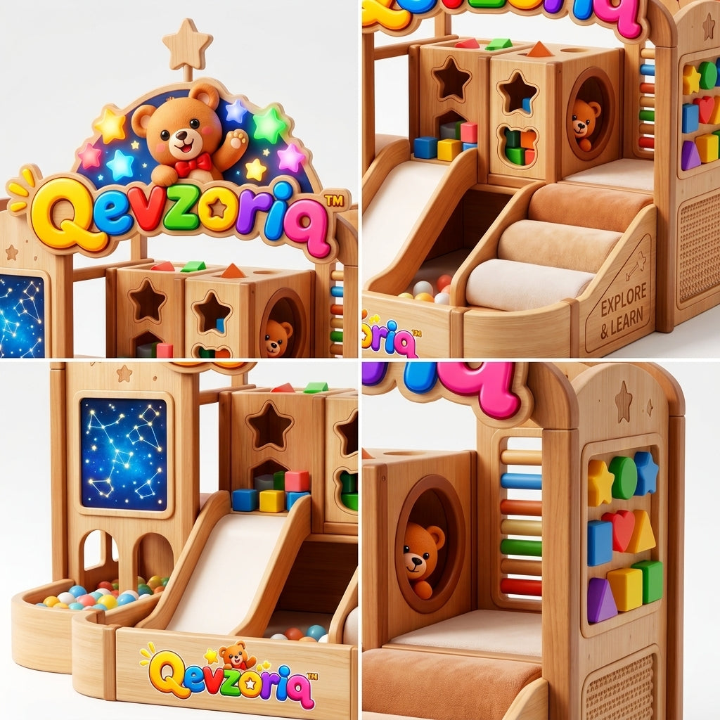 Qevzoriq™ All-in-One Wooden Toddler Indoor Playground – Multi-Sensory Activity Center with Smooth Slide, Padded Climbing Ramp, Interactive Shape Sorter, Constellation Light Panel & Integrated Ball Pit for Toddlers Ages 1–4
