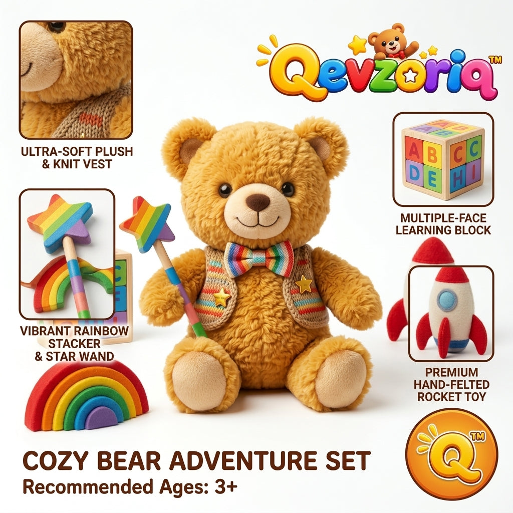 Qevzoriq™ Cozy Bear Adventure Set – 5-Piece Plush Teddy Bear Play Set with Rainbow Star Wand, Nesting Rainbow Stacker, Wooden ABC Alphabet Blocks & Plush Rocket – Educational & Imaginative Pretend Play Gift for Toddlers & Kids Ages 3+