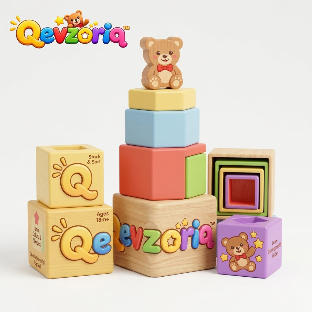 Qevzoriq™ Wooden Stacking & Nesting Blocks Toy Set for Toddlers 18M+, Montessori Shape & Color Sorting Tower with Teddy Bear Topper, Early Educational Fine Motor Skills Learning Toy for Boys and Girls