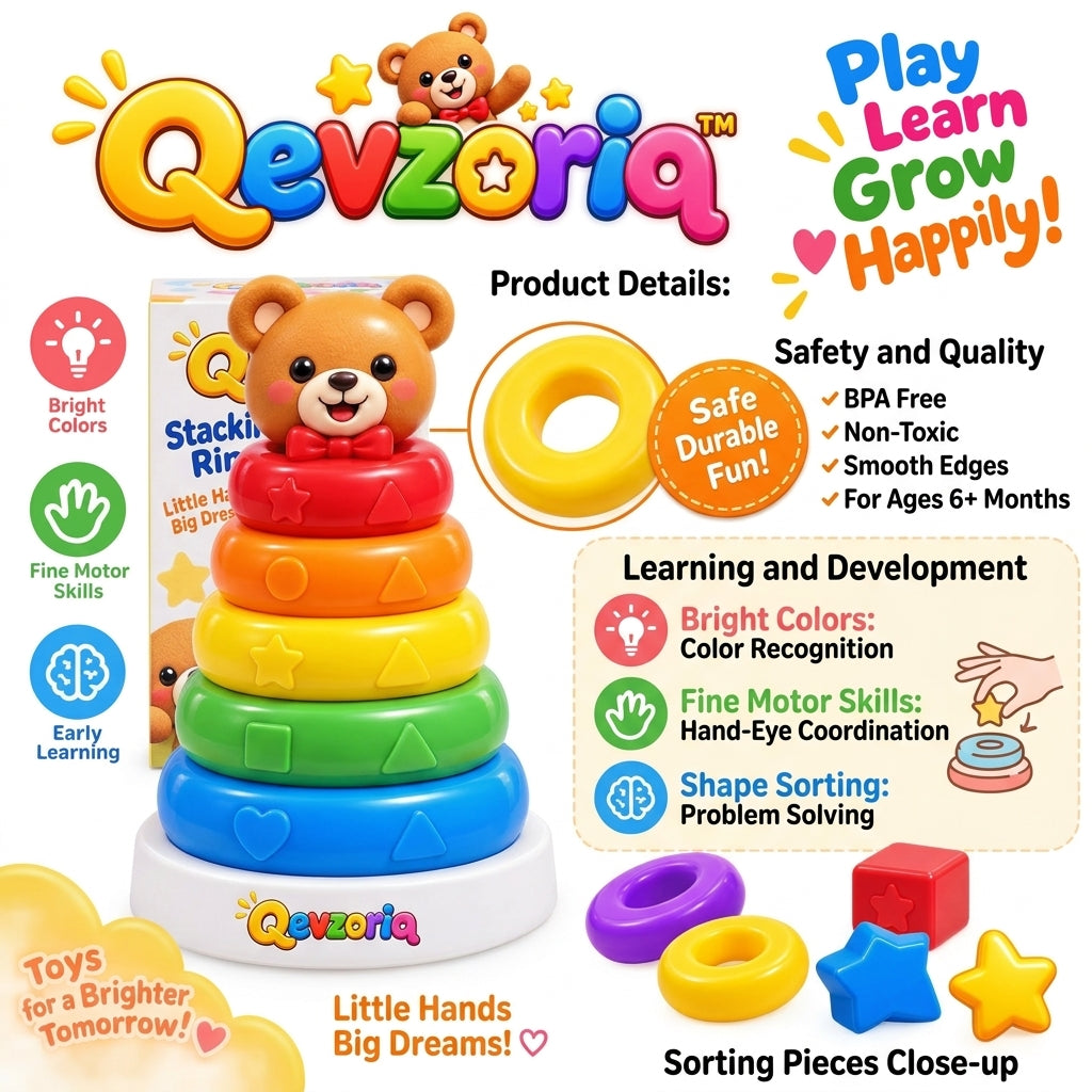 Qevzoriq™ Baby Stacking Rings Toy – Cute Bear Rainbow Stacker with Embossed Shapes & Sensory Blocks, Montessori Early Learning & Fine Motor Skills Developmental Toys for Babies & Toddlers 6-18 Months