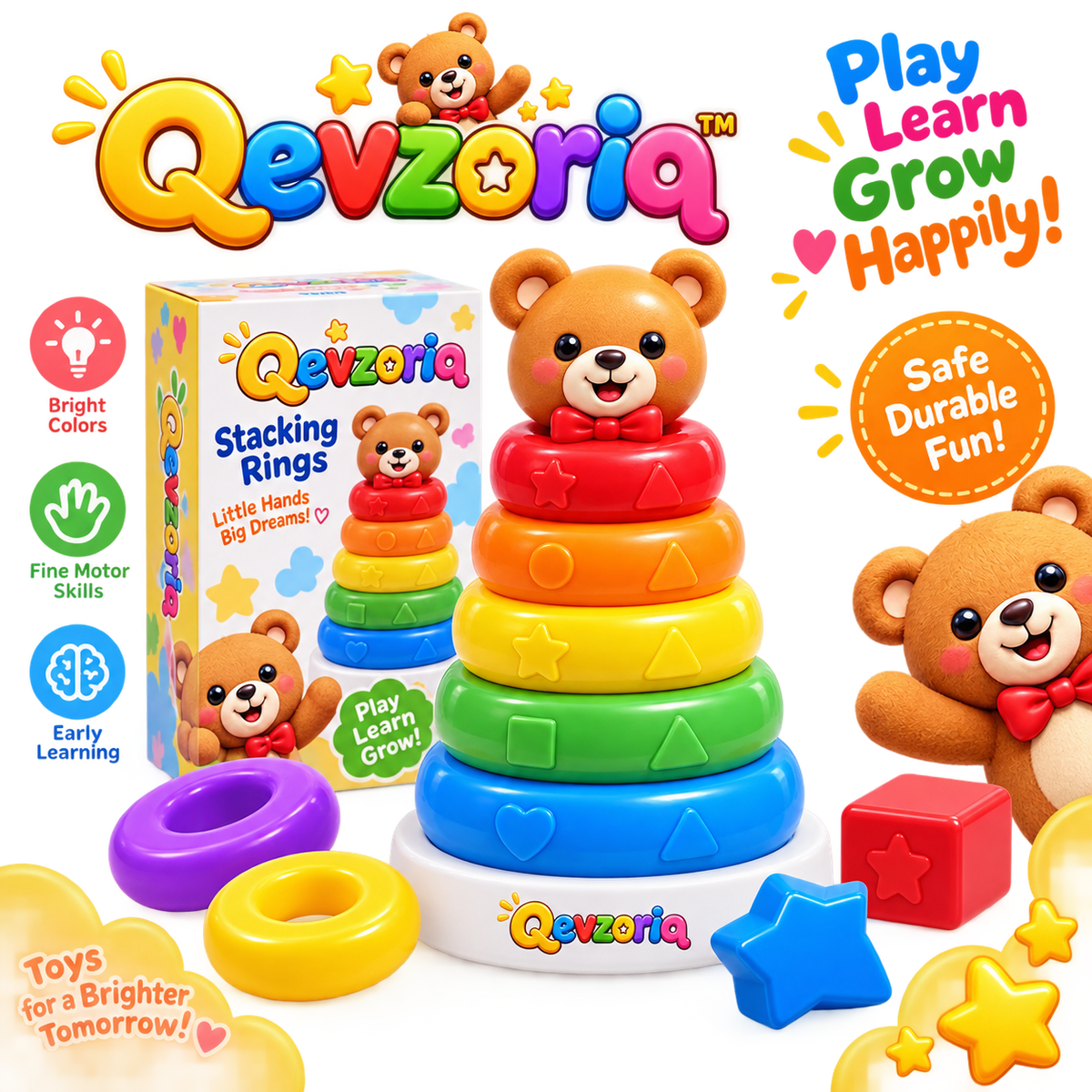 Qevzoriq™ Baby Stacking Rings Toy – Cute Bear Rainbow Stacker with Embossed Shapes & Sensory Blocks, Montessori Early Learning & Fine Motor Skills Developmental Toys for Babies & Toddlers 6-18 Months