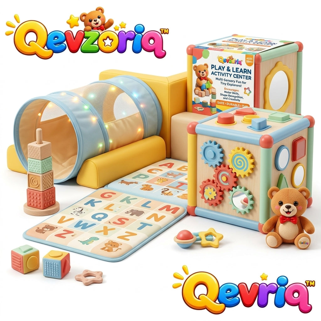 Qevzoriq™ All-in-One Play & Learn Activity Center – Multi-Sensory Toddler Play Gym with Light-Up Crawl Tunnel, 6-in-1 Wooden Activity Cube, Soft Alphabet Floor Mat, Textured Stacking Blocks & Plush Teddy Bear (Ages 18M+)