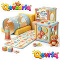 Qevzoriq™ All-in-One Play & Learn Activity Center – Multi-Sensory Toddler Play Gym with Light-Up Crawl Tunnel, 6-in-1 Wooden Activity Cube, Soft Alphabet Floor Mat, Textured Stacking Blocks & Plush Teddy Bear (Ages 18M+)