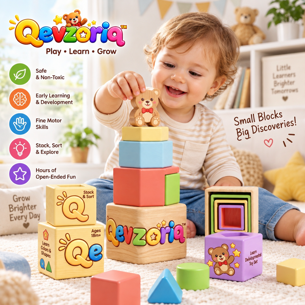 Qevzoriq™ Wooden Stacking & Nesting Blocks Toy Set for Toddlers 18M+, Montessori Shape & Color Sorting Tower with Teddy Bear Topper, Early Educational Fine Motor Skills Learning Toy for Boys and Girls