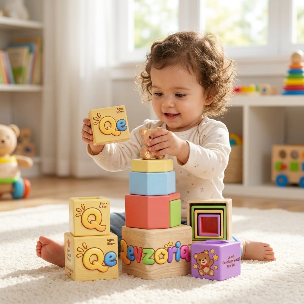 Qevzoriq™ Wooden Stacking & Nesting Blocks Toy Set for Toddlers 18M+, Montessori Shape & Color Sorting Tower with Teddy Bear Topper, Early Educational Fine Motor Skills Learning Toy for Boys and Girls