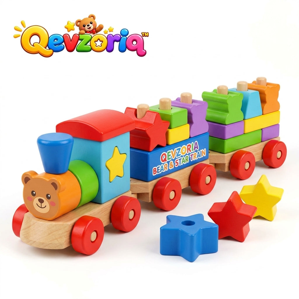 Qevzoriq™ Wooden Stacking Bear & Star Train Toy, 3-Car Montessori Shape Sorter & Geometric Building Block Set, Fine Motor Skills Educational Vehicle Toy for Toddlers Boys & Girls Aged 1-3