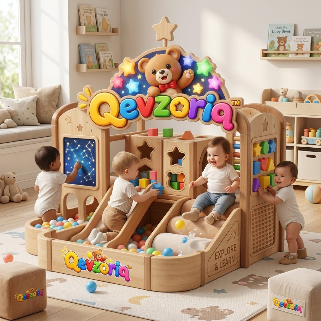 Qevzoriq™ All-in-One Wooden Toddler Indoor Playground – Multi-Sensory Activity Center with Smooth Slide, Padded Climbing Ramp, Interactive Shape Sorter, Constellation Light Panel & Integrated Ball Pit for Toddlers Ages 1–4