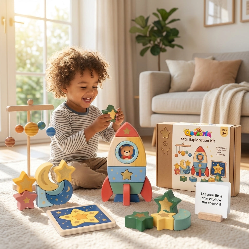 Qevzoriq™ Star Exploration Kit – Wooden Space Rocket Stacking Toy & Solar System Playset for Toddlers Ages 3+, Montessori Wooden Balancing Stars, Moon & Planet Mobile, Early STEM Educational Gift for Boys and Girls