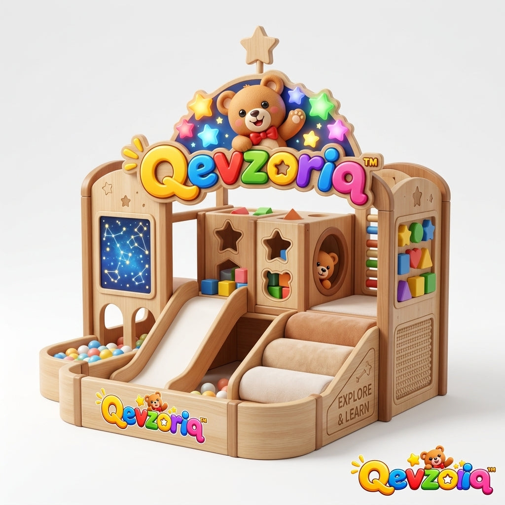 Qevzoriq™ All-in-One Wooden Toddler Indoor Playground – Multi-Sensory Activity Center with Smooth Slide, Padded Climbing Ramp, Interactive Shape Sorter, Constellation Light Panel & Integrated Ball Pit for Toddlers Ages 1–4
