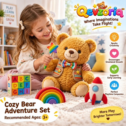 Qevzoriq™ Cozy Bear Adventure Set – 5-Piece Plush Teddy Bear Play Set with Rainbow Star Wand, Nesting Rainbow Stacker, Wooden ABC Alphabet Blocks & Plush Rocket – Educational & Imaginative Pretend Play Gift for Toddlers & Kids Ages 3+