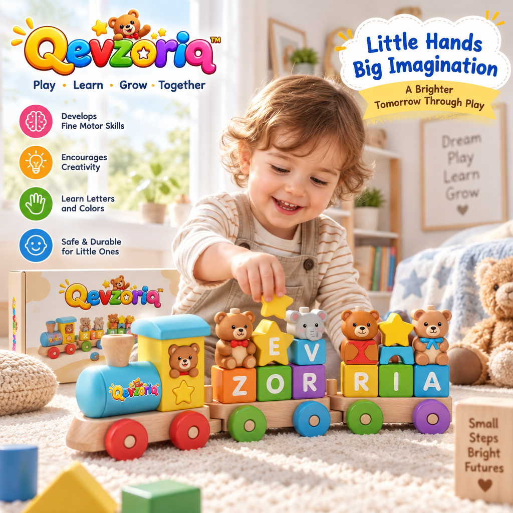 Qevzoriq™ Wooden Stacking Alphabet Train Toy – Montessori Bear & Animal Peg Sorting Rolling Train, Early Educational Building Blocks Playset, Fine Motor Skills & Sensory Gift for Toddlers Ages 1-4