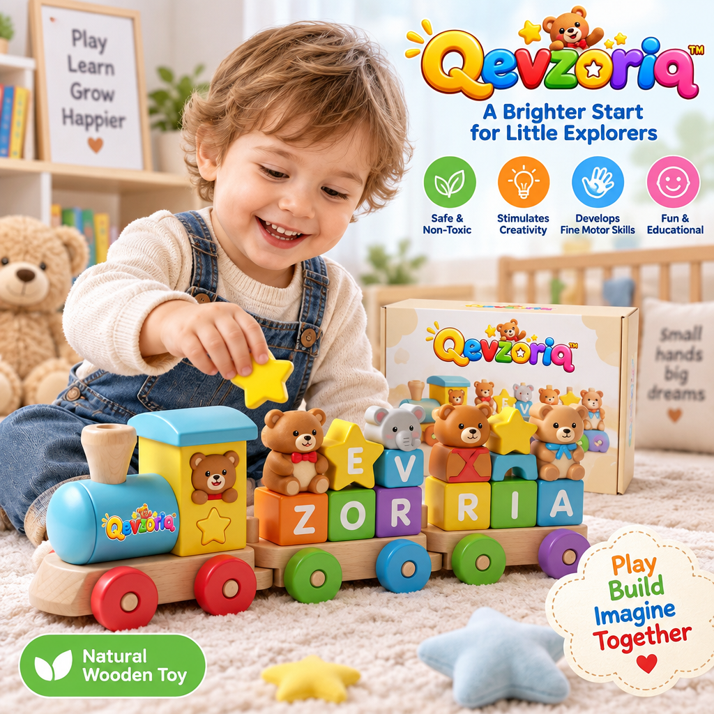 Qevzoriq™ Wooden Stacking Alphabet Train Toy – Montessori Bear & Animal Peg Sorting Rolling Train, Early Educational Building Blocks Playset, Fine Motor Skills & Sensory Gift for Toddlers Ages 1-4