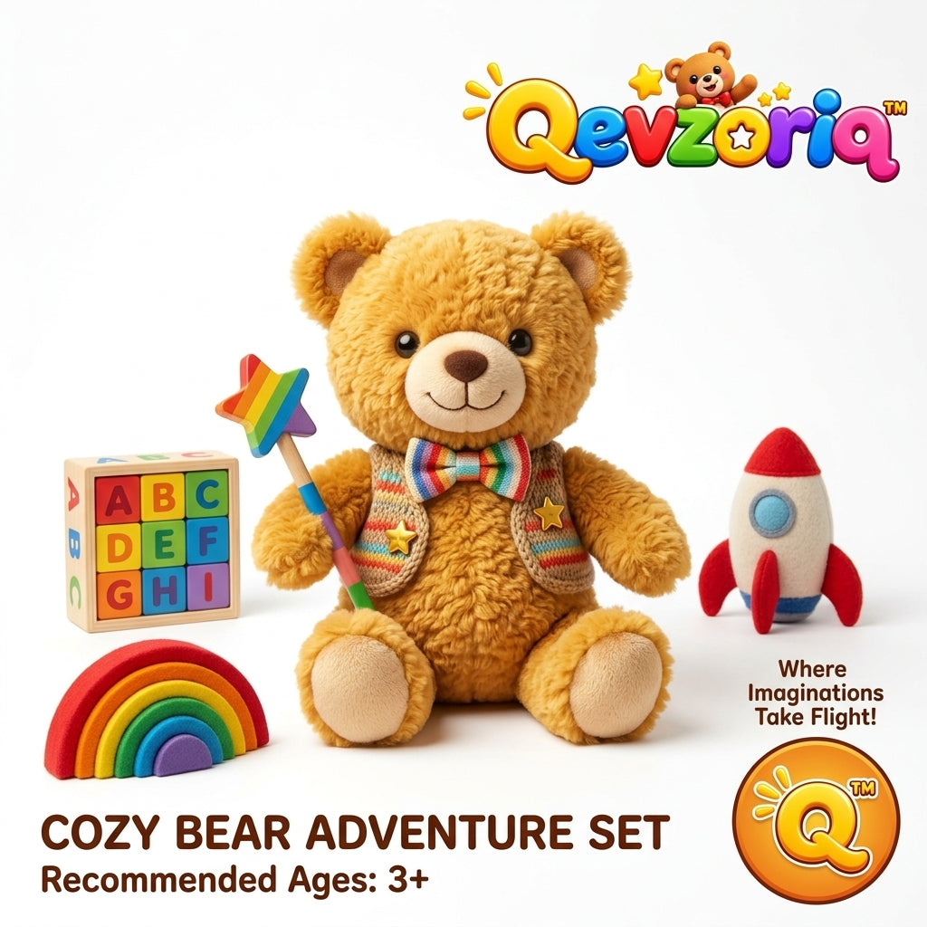 Qevzoriq™ Cozy Bear Adventure Set – 5-Piece Plush Teddy Bear Play Set with Rainbow Star Wand, Nesting Rainbow Stacker, Wooden ABC Alphabet Blocks & Plush Rocket – Educational & Imaginative Pretend Play Gift for Toddlers & Kids Ages 3+