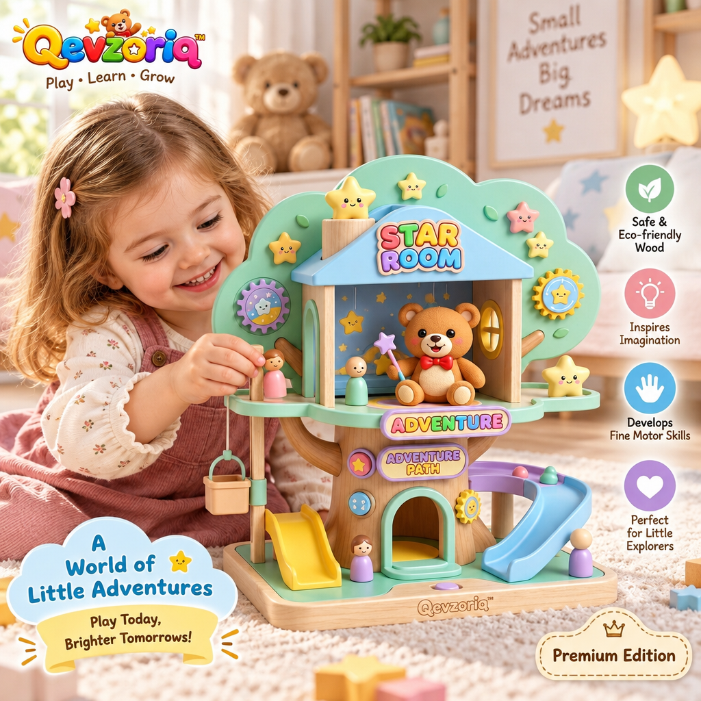 Qevzoriq™ Wooden Multi-Level Treehouse Activity Playset – Interactive "Star Room" & "Adventure Path" Playset with Magic Bear, Double Slides, Working Pulley Crane & Spinning Gears – Montessori Fine Motor & Pretend Play Toy for Toddlers and Kids