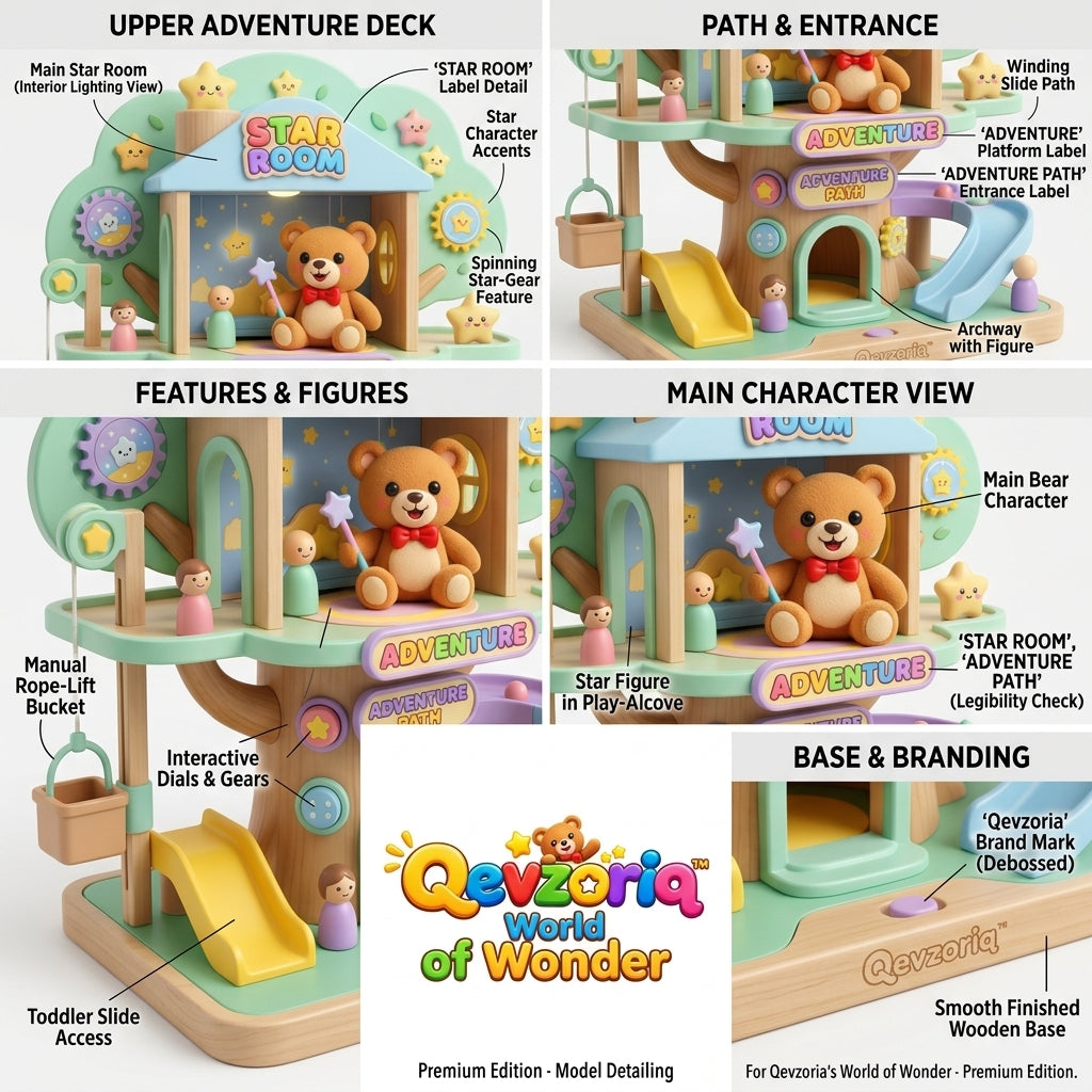 Qevzoriq™ Wooden Multi-Level Treehouse Activity Playset – Interactive "Star Room" & "Adventure Path" Playset with Magic Bear, Double Slides, Working Pulley Crane & Spinning Gears – Montessori Fine Motor & Pretend Play Toy for Toddlers and Kids