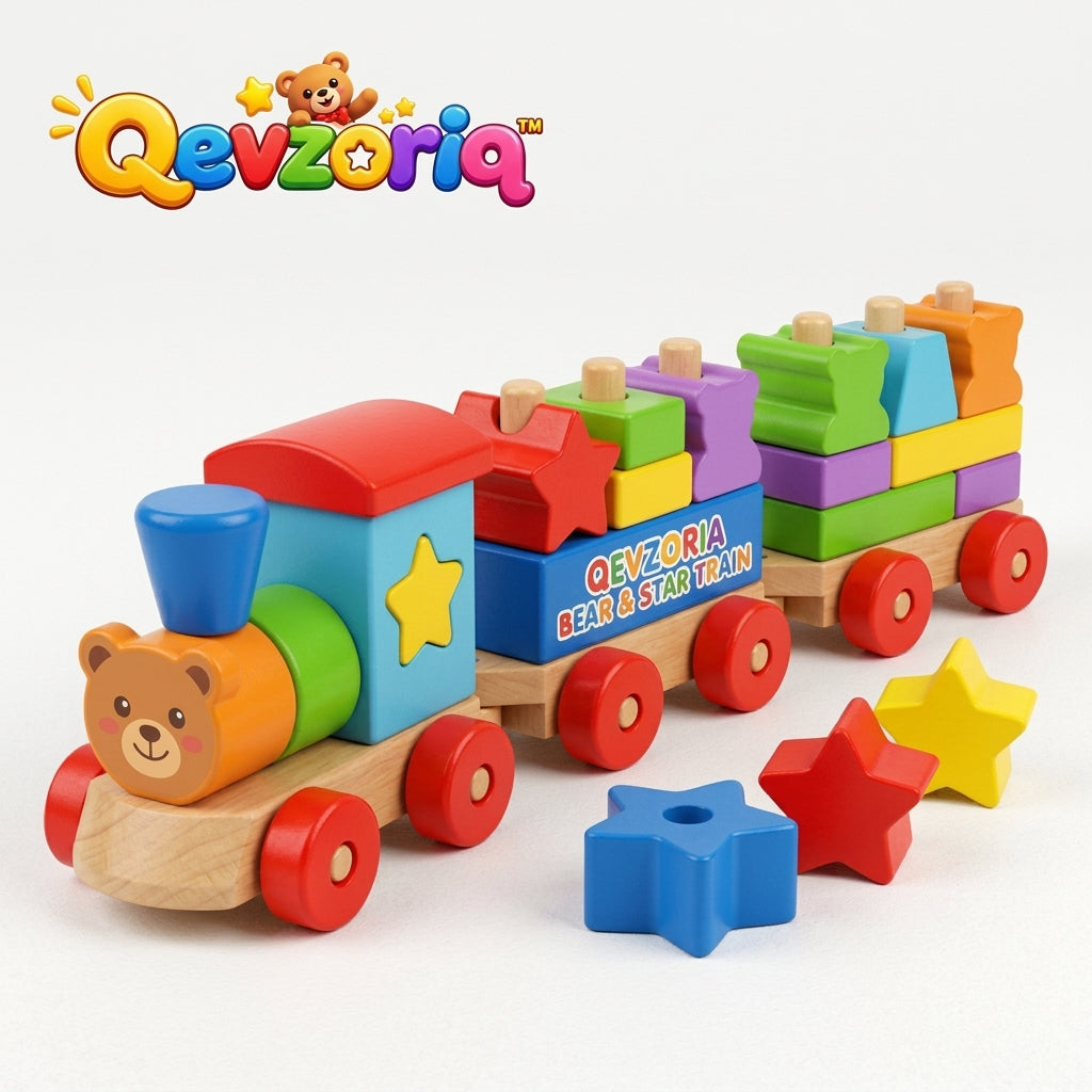 Qevzoriq™ Wooden Stacking Bear & Star Train Toy, 3-Car Montessori Shape Sorter & Geometric Building Block Set, Fine Motor Skills Educational Vehicle Toy for Toddlers Boys & Girls Aged 1-3